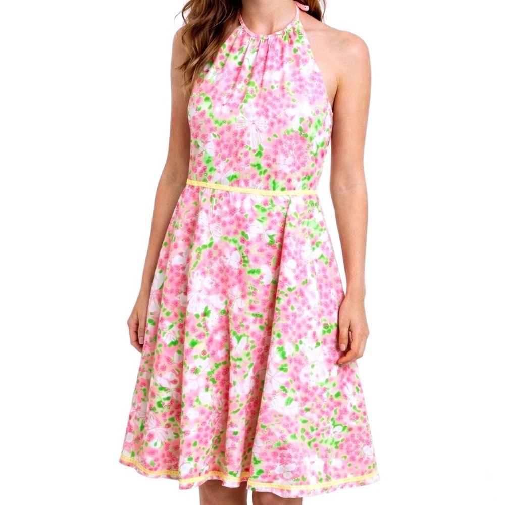 Lilly Pulitzer Pink Butterfly Floral Halter Dress‎ Size 0 Cotton